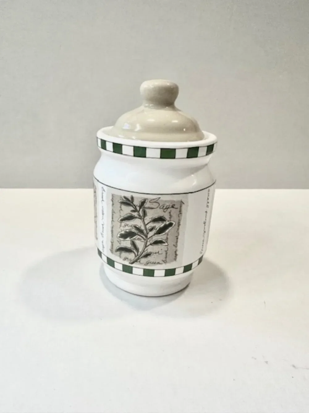 Vintage Savory Tyme Ceramic Canister with Lid Culinary Herb Theme White 6.5in